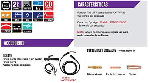 AXT - AXT-SUPERMIG255 SOLDADORA INVERSOR PARA MICROALAMBRE, ELECTRODO Y TIG LIFT (3 EN 1) 250A