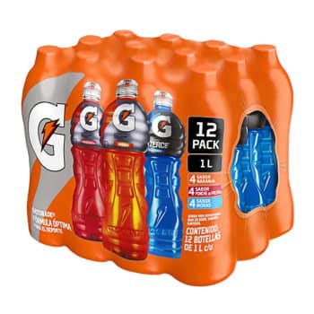 Gatorade - Gatored. 12 botellas de 1 litro cada una. 4 sabor naranja, 4 sabor ponche de frutas, 4 sabor moras