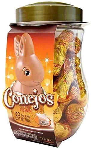 TURIN - CONEJITOS DE CHOCOLATE. Chocolate con leche. Vitrolero con 30 unidades. Total 600g CONEJOS TURIN de Chocolate Divertidos y Deliciosos