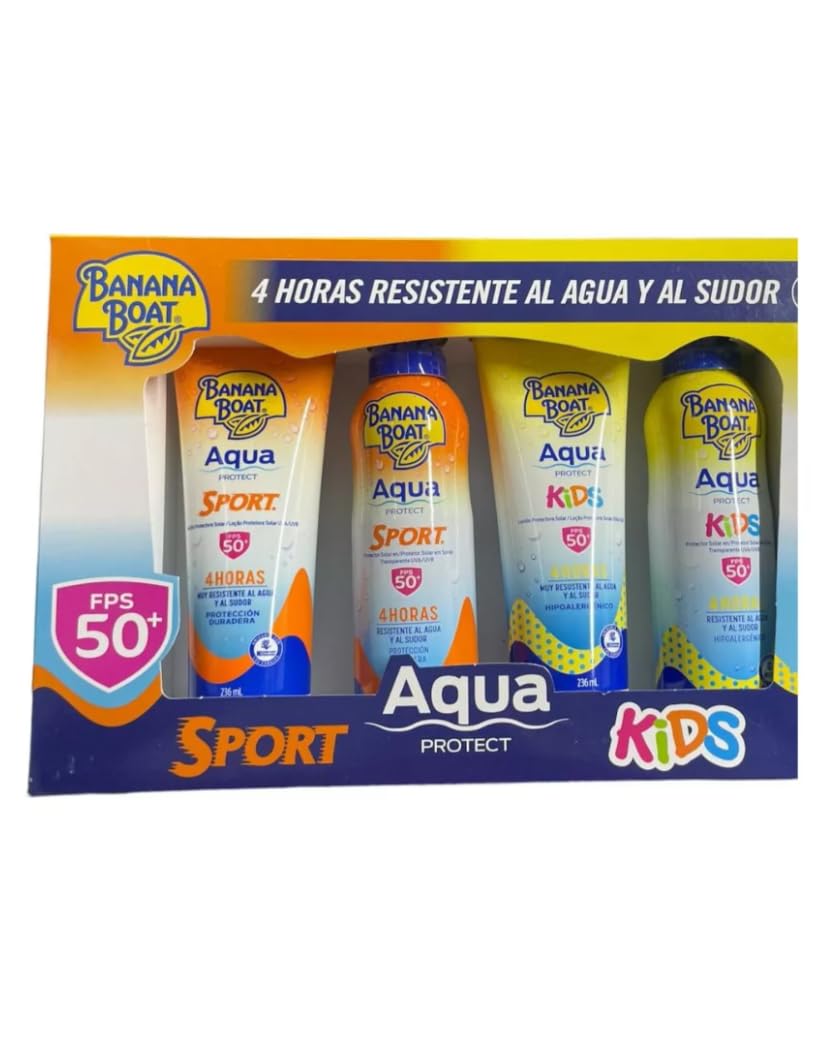 set 4 protectores Banana Boat, Protección Solar Resistente al Agua y Sudor,2 Aqua Sport, 2 Aqua Kids, 4 Horas