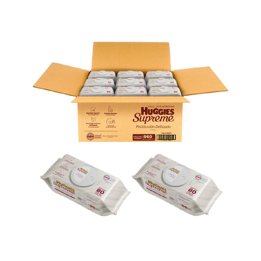 Huggies Supreme Protección Delicada, Toallitas Húmedas para Bebé, Caja con 960 Piezas (12 paquetes de 80 toallitas c/u)