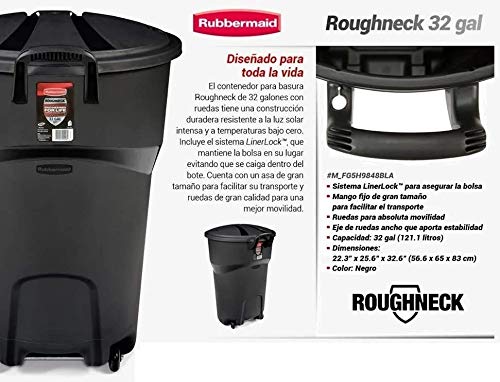 Rubbermaid Roughneck - Bote de basura de 121 litros negro, con ruedas y tapa