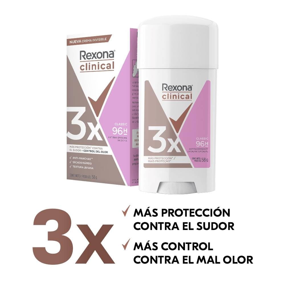 Rexona Clinical Desodorante Antitranspirante para Mujer en Crema, Protección Contra el Sudor y el Mal Olor, 3 Piezas de 58g c/u