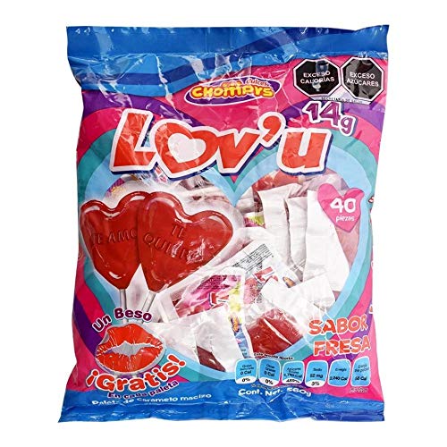 Paletas en forma de CORAZÓN sabor Fresa. Bolsa con 40 piezas. Incluye un Beso de Calcomanía en cada paleta. Dulces San Valentín Amor y Amistad