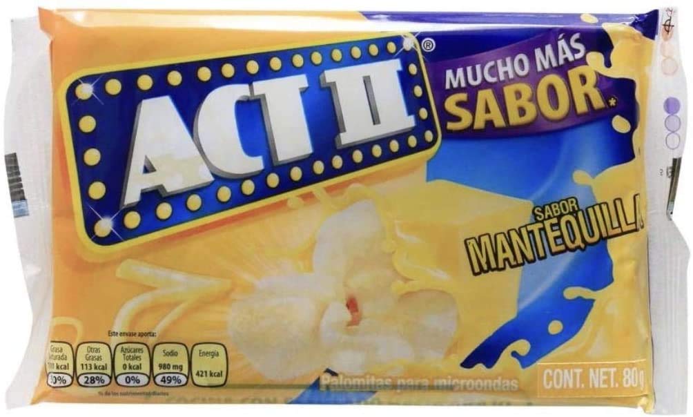 ACT II - PALOMITAS DE MAIZ PARA MICROONDAS ACT II SABOR MANTEQUILLA CAJA DE 1.92 KILOGRAMOS CON 24 SOBRES DE 80 GRAMOS BOTANA CINE SNACK FIESTA POSTRE NEGOCIO CASA COCINA