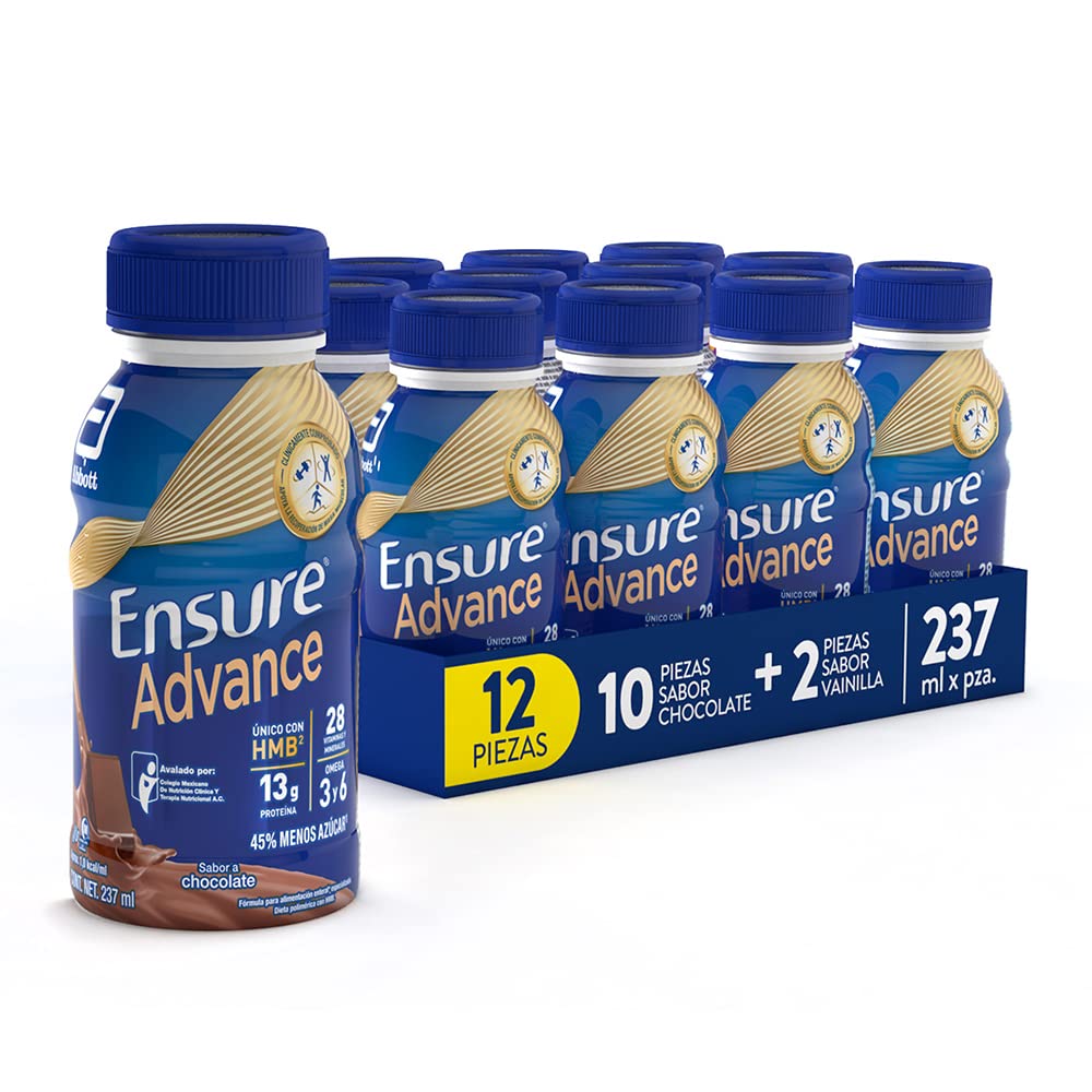 Ensure Advance - 12 Pack de 237 ml Cada Uno, 10 Chocolate + 2 Vainilla, Fuente de Proteínas y Nutrición Completa para Adultos, Clínicamente Probado