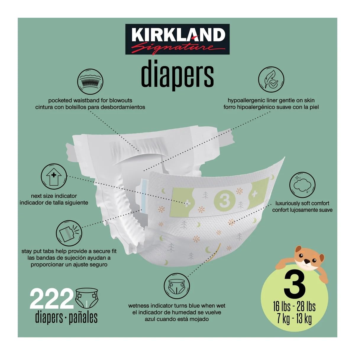 KIRKLAND SIGNATURE - Kirkland Signature Pañales, Talla 3 (222 unidades)