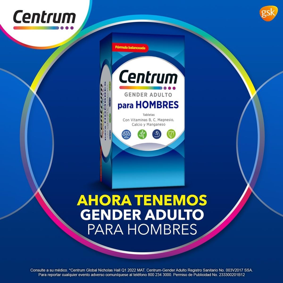 Centrum Gender Adulto Hombre Multivitamínico, Con Magnesio, Vitamina B y Vitamina C, 60 Tabletas