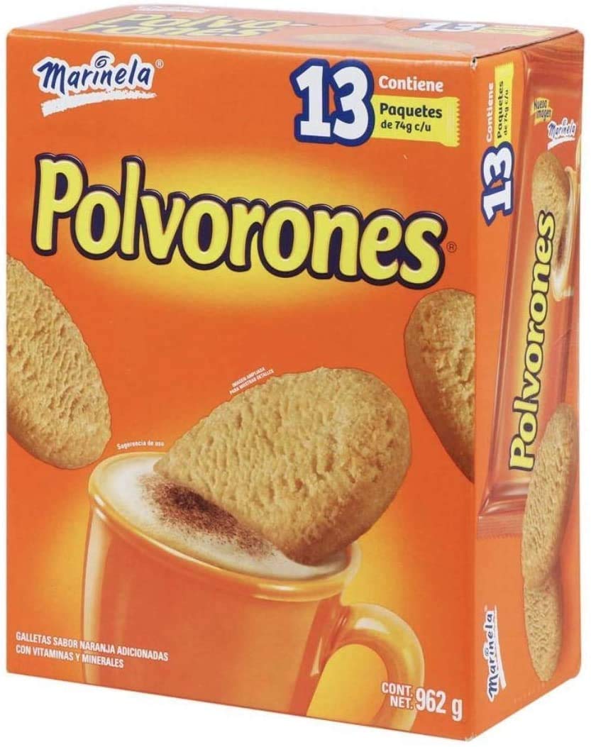 Marinela - GALLETAS POLVORONES MARINELA CAJA GRANDE CON 13 Paquetes de 74g c/u IDEAL PARA NEGOCIO SNACK BOTANA. GALLETAS SABOR NARANJA