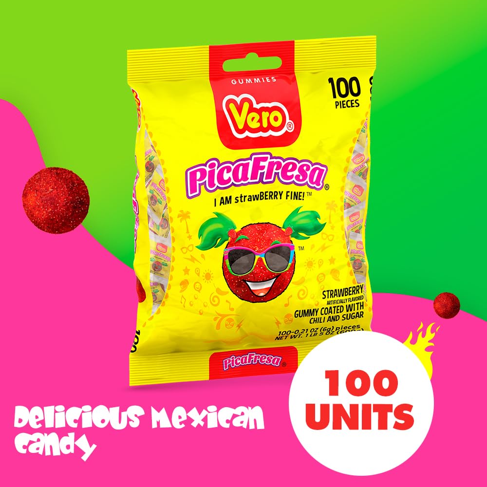 Vero Dulces Vero - Dulces Vero Pica Fresa - Gomitas con chile, dulces mexicanos, 100 unidades, 600 gramos (empaque puede variar)