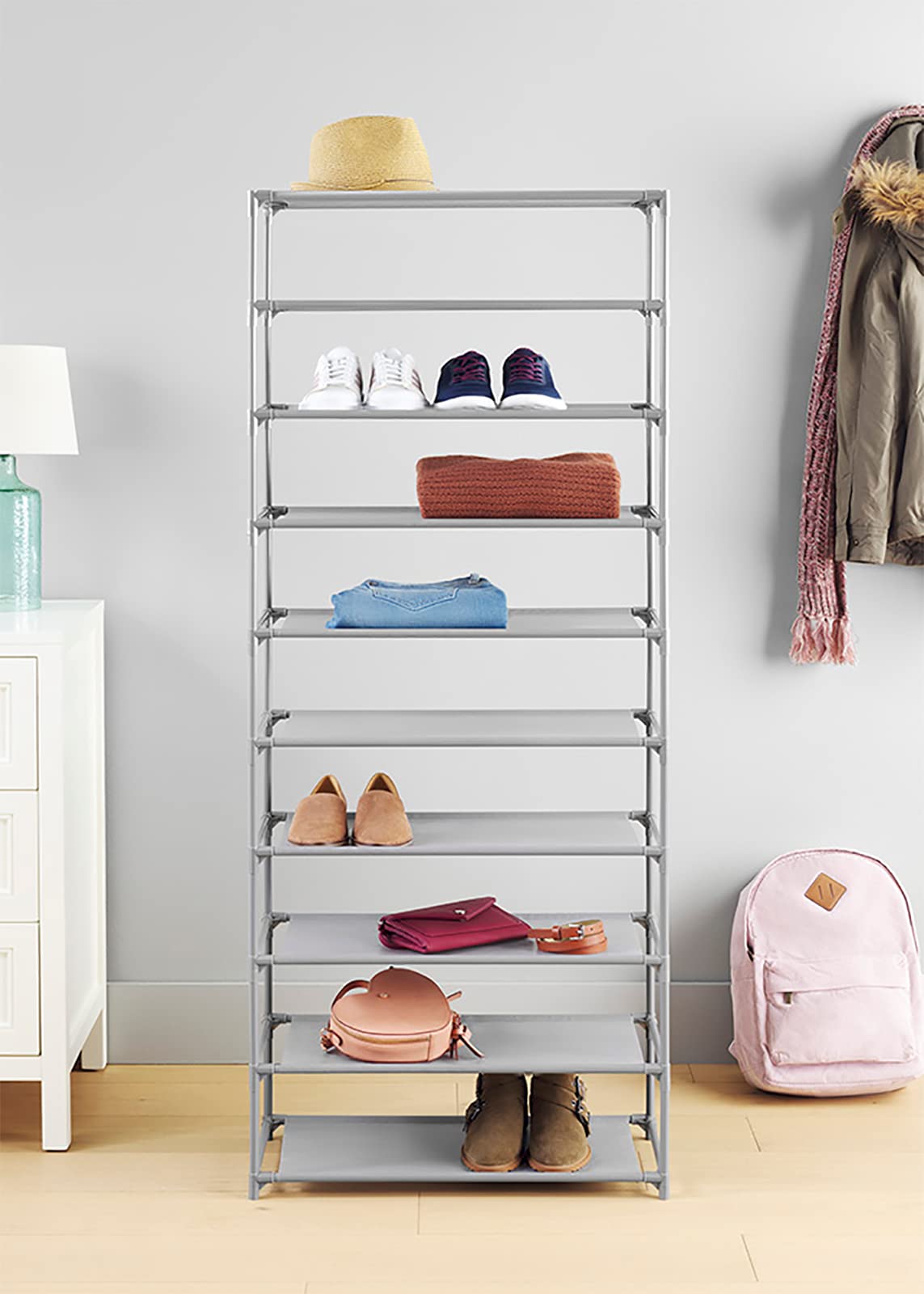 Whitmor Torre de Zapatos 10 Niveles, Negro y Gris, Cromo, 10 Estantes, 60 kg de Capacidad de Carga, para Ropa, Zapatos y Accesorios, Sin Montaje Requerido, Estantes Espaciales, Ligera, para Cochera