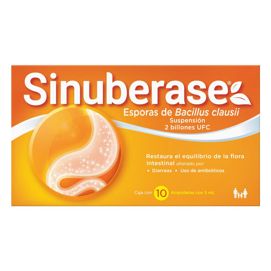 Sinuberase Probióticos en Suspensión Bacillus Clausii 2 Billones de UFC 10 Ampolletas de 5 ml. Restaura el Equilibrio de la Flora Intestinal Alterado por Diarrea y Antibióticos para Niños y Adultos