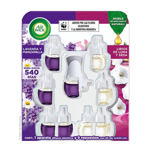 Air Wick® Aromatizante de Ambiente Eléctrico Aparato + 5 Repuestos Lavanda Manzanilla y 4 Lirios de Luna y Seda 25 ml c/u