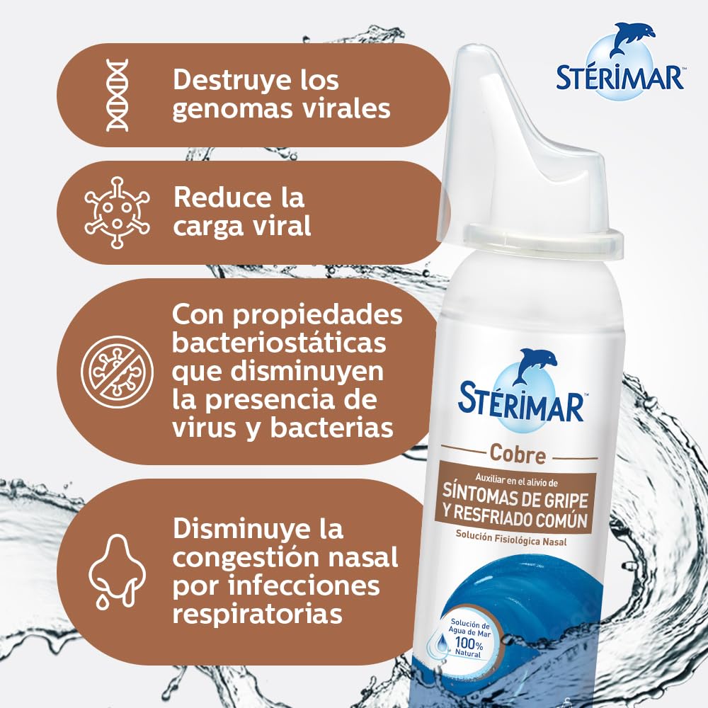 Stérimar Cobre, Lubricante Nasal 100% Natural con Solución de Agua de Mar y Cobre, Auxiliar en Infecciones Respiratorias para Toda la Familia,100 ml