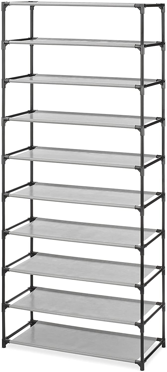 Whitmor Torre de Zapatos 10 Niveles, Negro y Gris, Cromo, 10 Estantes, 60 kg de Capacidad de Carga, para Ropa, Zapatos y Accesorios, Sin Montaje Requerido, Estantes Espaciales, Ligera, para Cochera