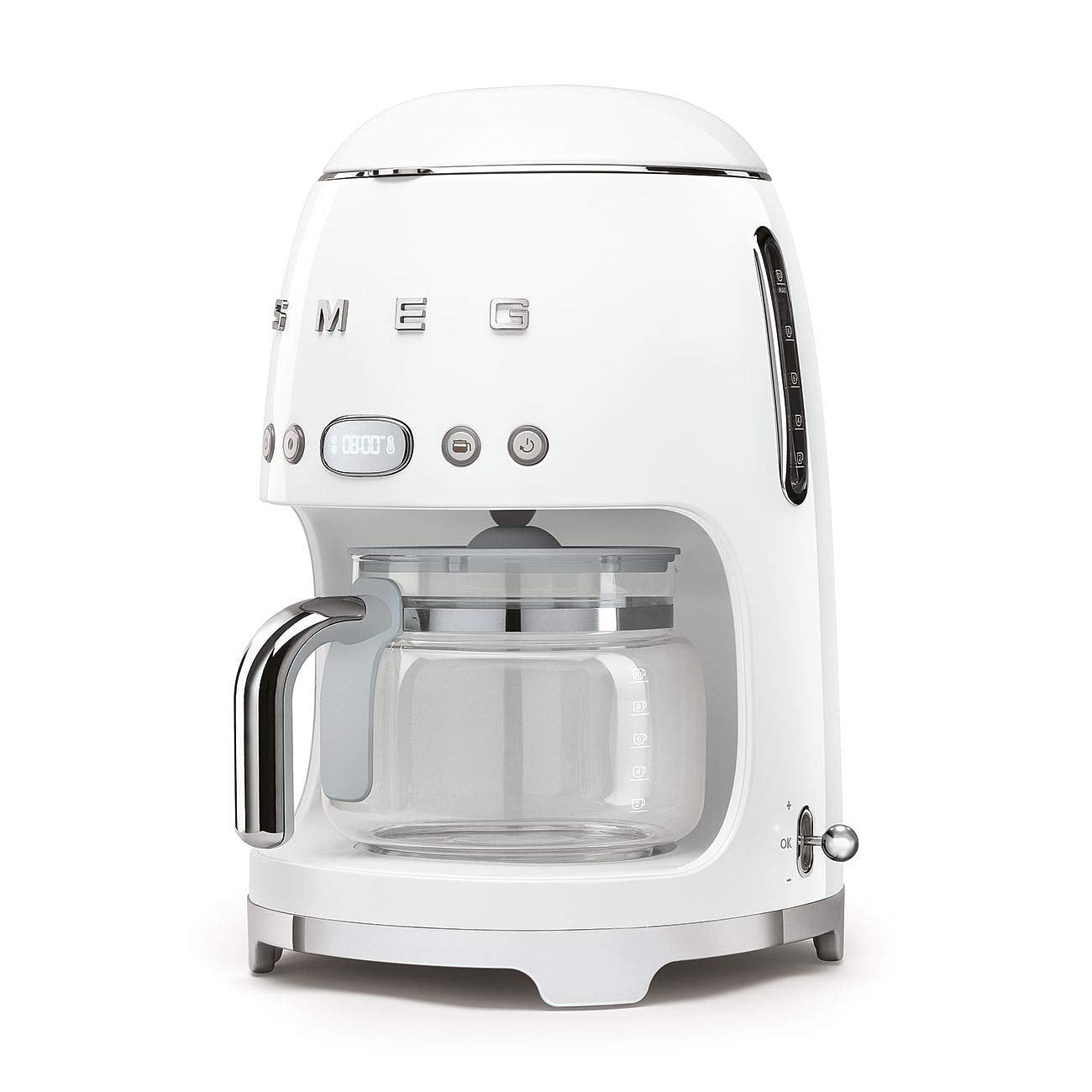 Smeg DCF02WHUK - Máquina de café por goteo, modo de arranque automático, filtro reutilizable, pantalla digital, sistema antigoteo, opción de intensidad de aroma, tanque de 1,4 litros, color blanco