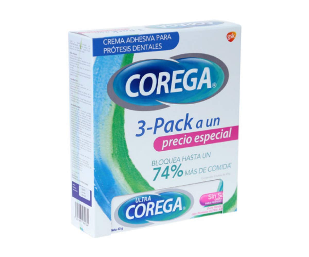 Corega - Crema Adhesiva para Prótesis Dentales Ultra Corega Crema 3 Piezas de 40grs