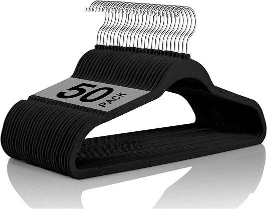 RIVARRO - RIVARRO - Ganchos para Ropa de Terciopelo, 50 Unidades, Caja, Color Negro, Perchas de Ropa, Calidad Premium Gancho 360 Grados Ganchos