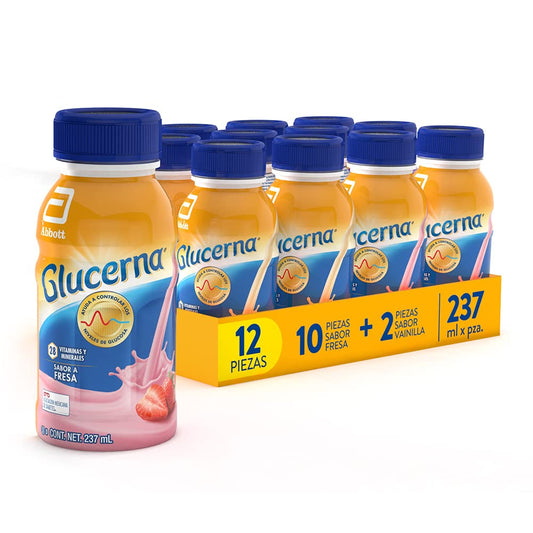 Glucerna - Fresa 237ml 12 Pack, 10 Fresa + 2 Vainilla, Control de Azúcar, Carbohidratos de Rápida Absorción, con Proteína y Fibra, Vitaminas y Minerales, Sin Azúcar, Clínicamente Comprobado