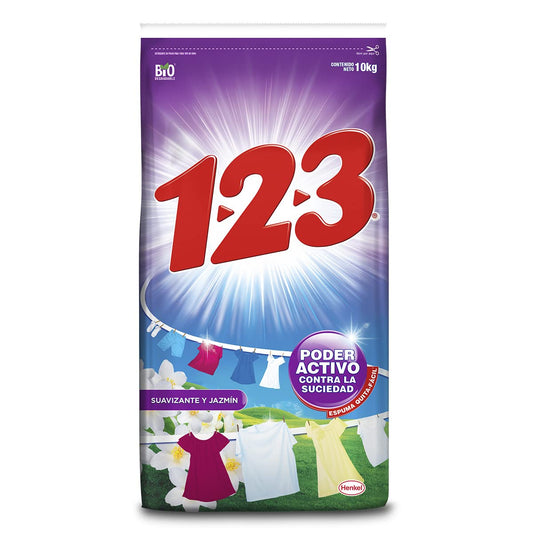 VORAGA 123 - 1-2-3 MAXI PODER con Suavizante y Jazmín 10 kg, detergente en polvo, Con suavizante extra y olor a jazmín, Ropa brillante, fresca y suave.