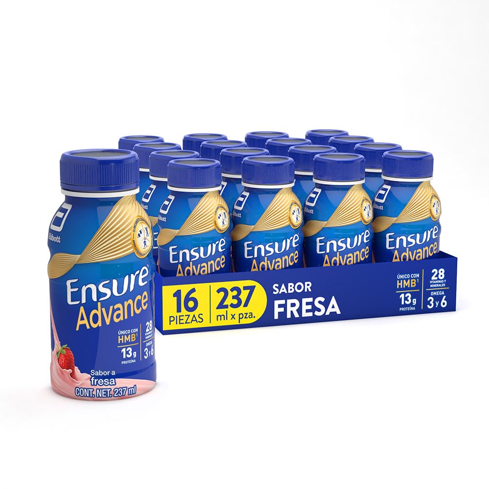 Ensure Advance - 16 Pack de 237 ml Cada Uno, Sabor Fresa, Listo para Beber, Liquido, Fuente de Proteínas de alta Calidad y Nutrición Completa para Adultos, Clínicamente Probado Con HMB