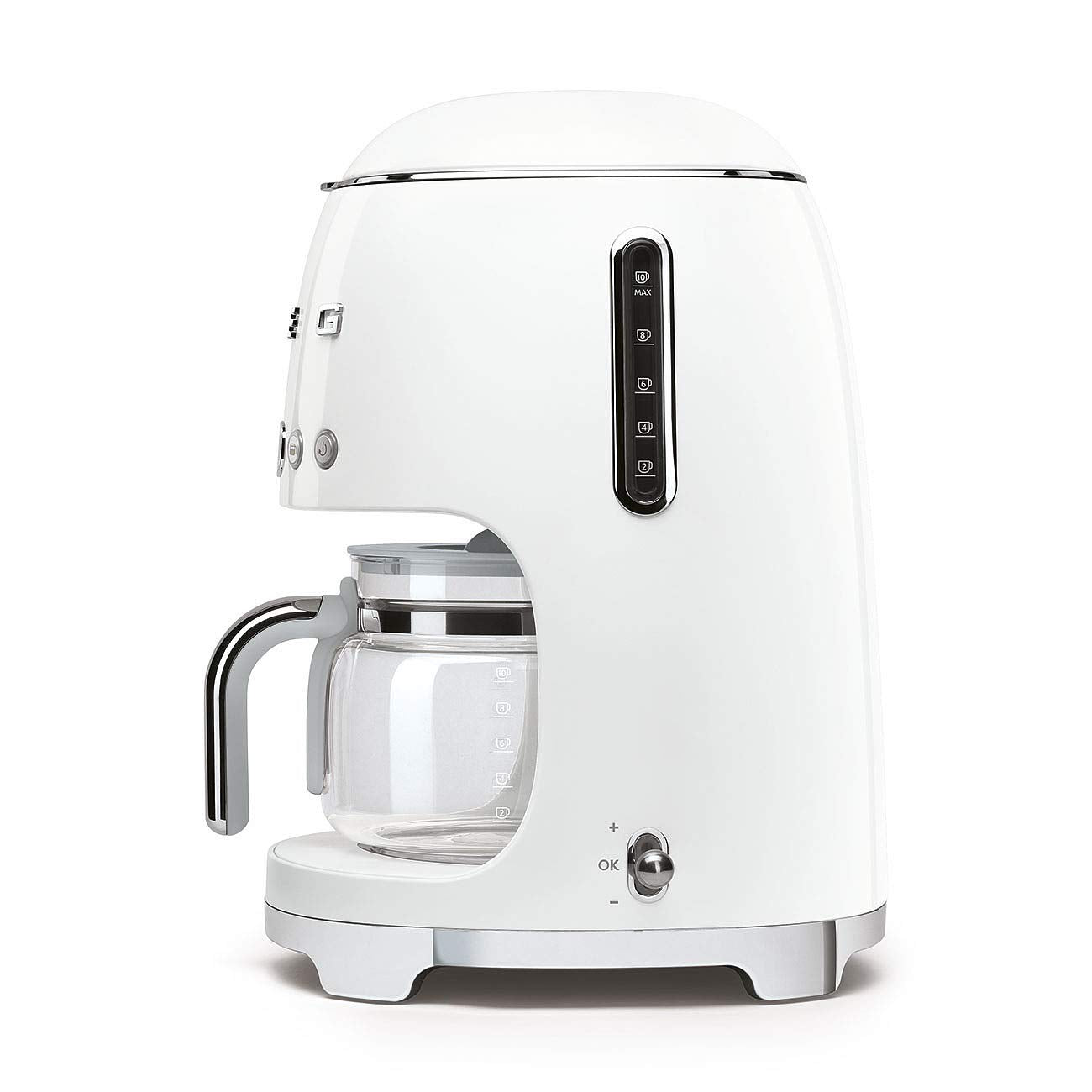 Smeg DCF02WHUK - Máquina de café por goteo, modo de arranque automático, filtro reutilizable, pantalla digital, sistema antigoteo, opción de intensidad de aroma, tanque de 1,4 litros, color blanco