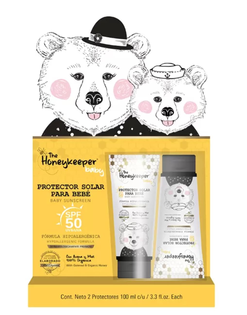AMINZER Protector Solar para Bebé, con Avena y Miel Orgánica, SPF 50 HONEYKEPPER BABY PAQUETE DE 2, Dermatológicamente probado