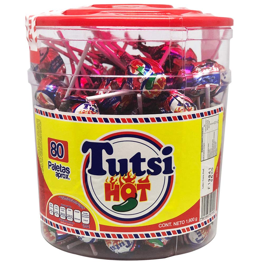 Tutsi Pop - Tutsi Hot paletas de caramelo sabor cereza con chile 80 piezas ideal para tus fiestas y eventos.