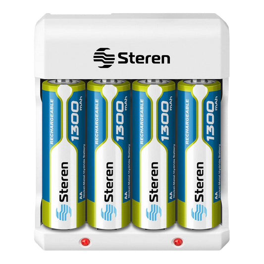 Steren CRG-015 Cargador de pilas AA y AAA, incluye 4 pilas AA, 1300 mAh, indicador de carga LED, compatible con baterías NiCd y NiMH, clavija abatible