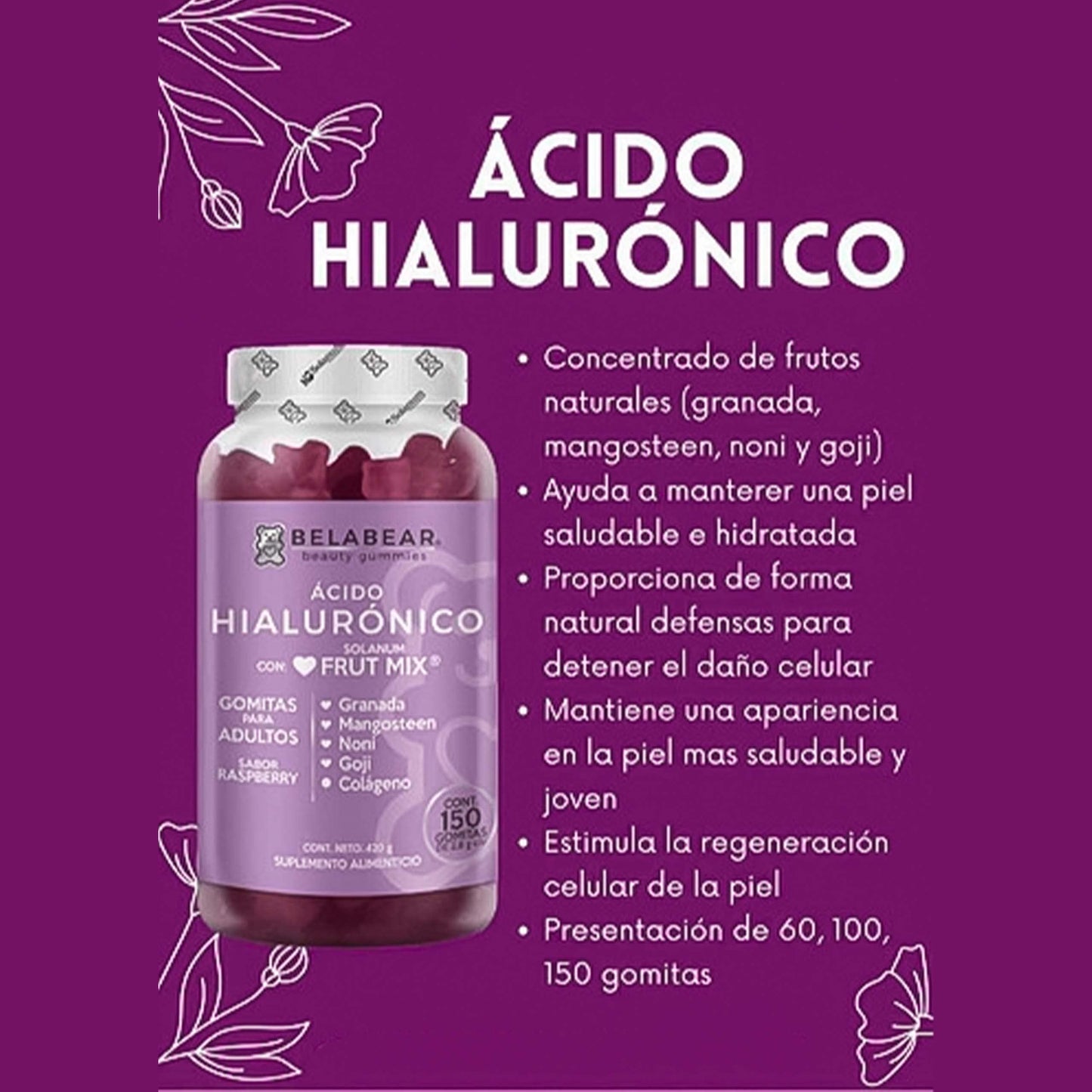Gummisol Gomitas de Colágeno + Biotina Belabear 100 Gomitas Gomitas de Ácido Hialurónico Belabear 100 Gomitas Gomitas para Adultos Belabear Supelemento Alimenticio - 2 pack