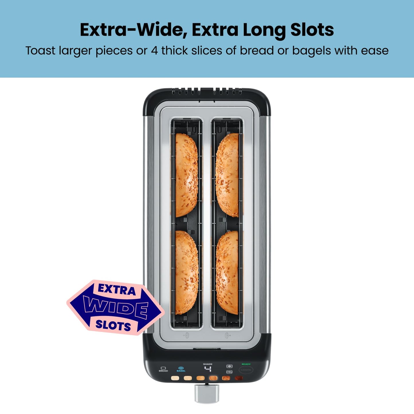 Tostadora digital de 4 rebanadas, 6 ajustes de sombra, tostadora de acero inoxidable con ranuras extra anchas, tostadora de pan grueso y tostadora de bagel, descongelación, bandeja para migas migas