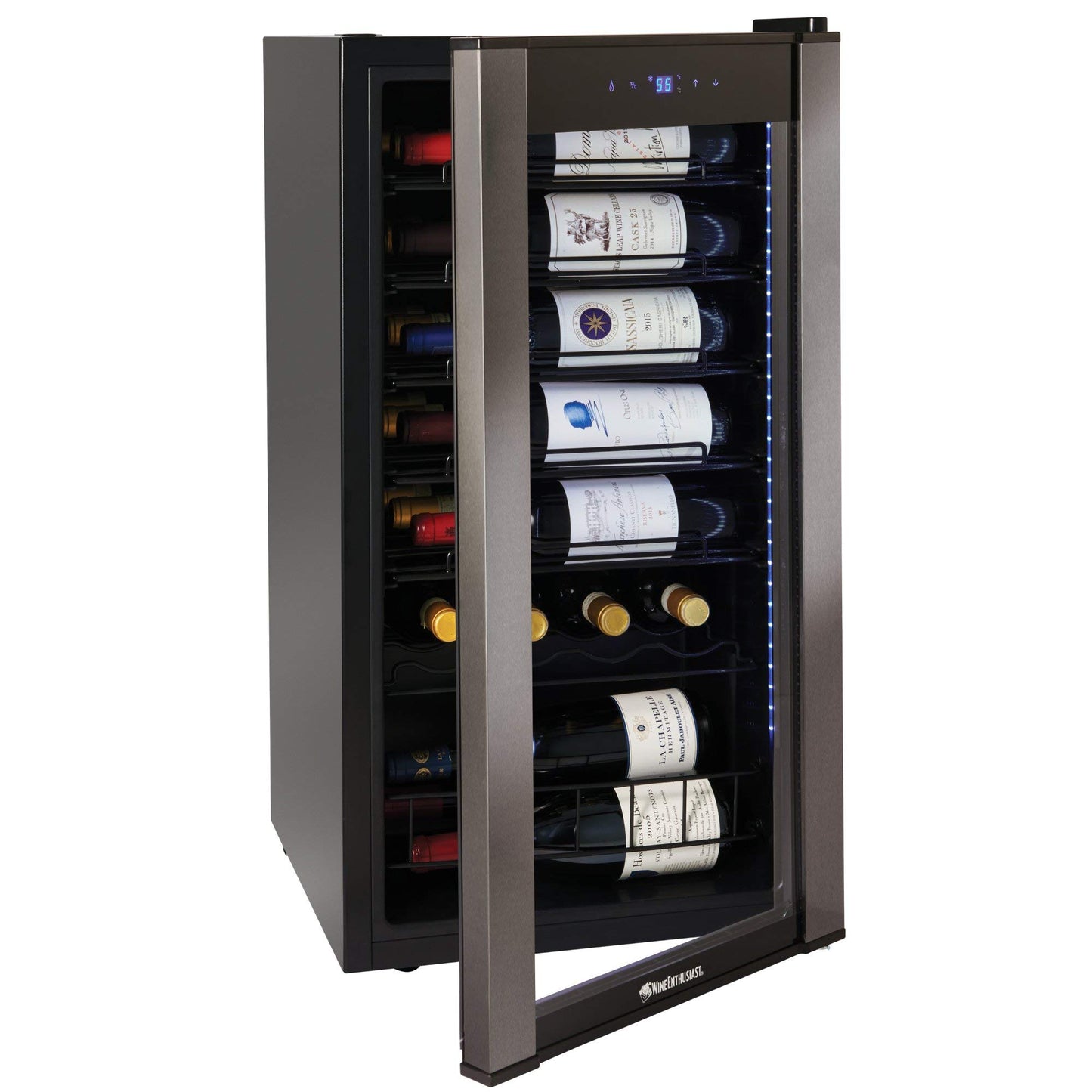 Wine Enthusiast VinoView - Nevera de vino de 28 botellas, refrigerador no empotrado con estantes de matriz, termostato ajustable de 10 a 60 °F, puerta de vidrio de doble panel y visualización LED