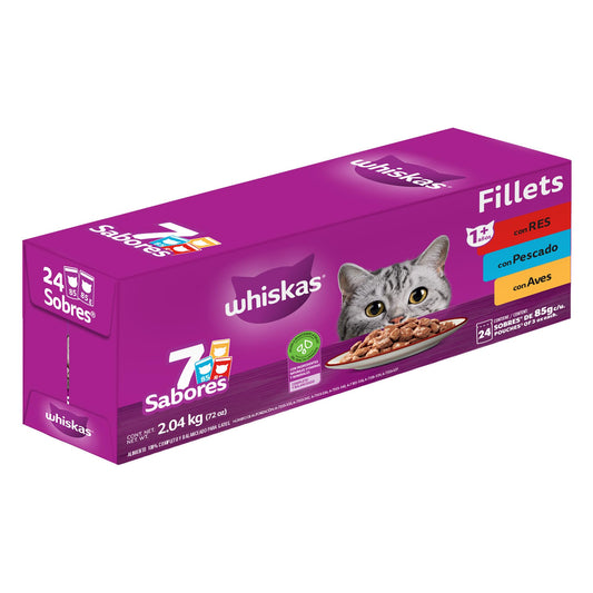 Whiskas Sobres Multisabor para Gatos Adultos Sabor Res, Pescado y Aves 24 Piezas de 85gr