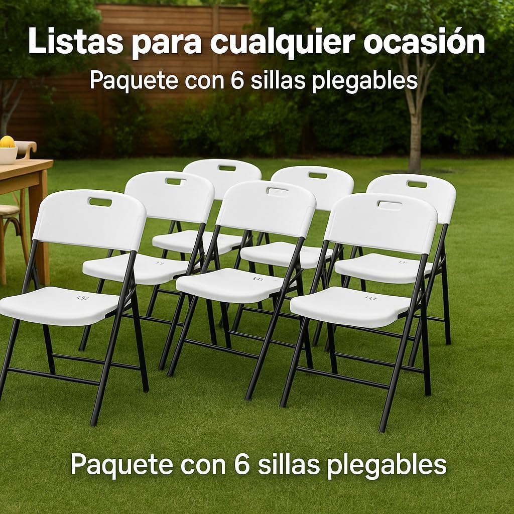 RIVARRO | Sillas Plegables de Plástico Reforzado en Paquete de 6, Ligeras, Resistentes y Apilables, Ideales para Comedor, Jardín, Escuela, Oficina, Eventos Sociales y Reuniones Familiares