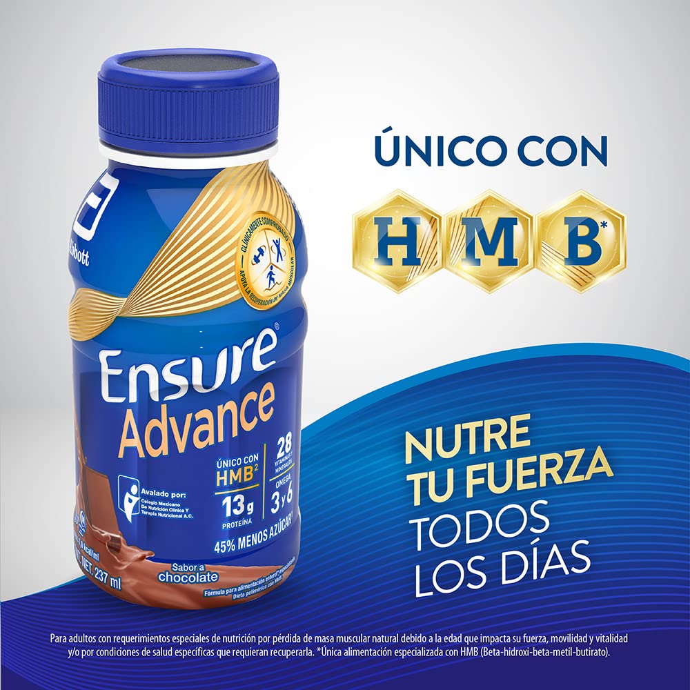 Ensure Advance - 12 Pack de 237 ml Cada Uno, 10 Chocolate + 2 Vainilla, Fuente de Proteínas y Nutrición Completa para Adultos, Clínicamente Probado