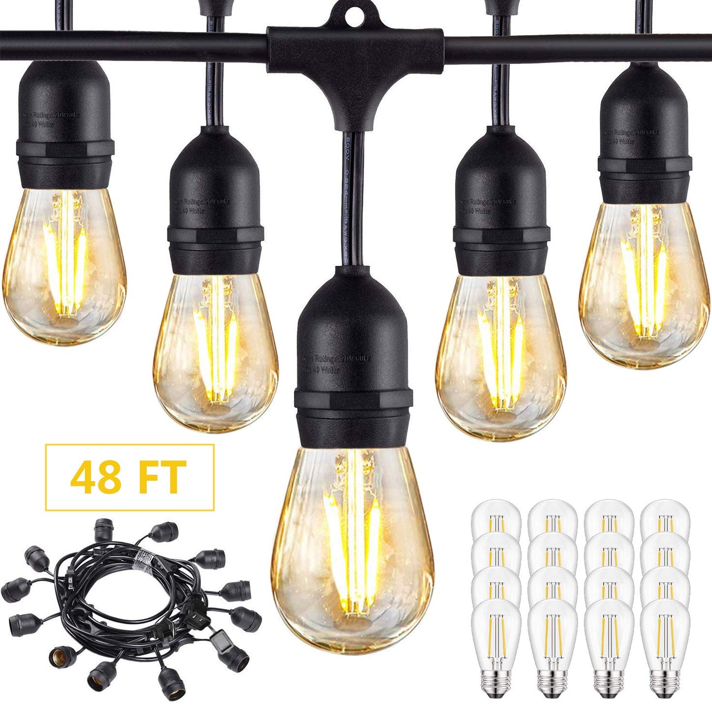 BRIGHTSHOW - Techo 48FT LED Luces de cadena al aire libre Impermeable Regulable 15PCS 2W Vintage Edison Bulbos de vidrio