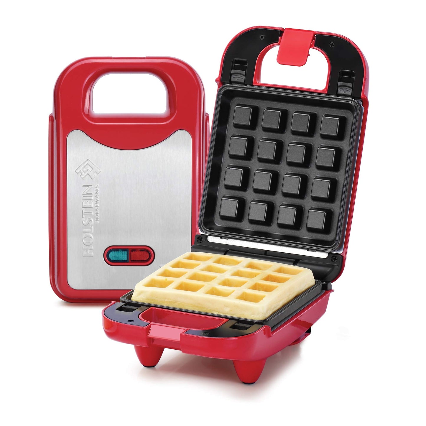 Holstein Housewares - Multifabricante antiadherente intercambiable con waffle, plancha y platos de parrilla, uso para paninis, panqueques, gofres y mucho más, rojo/acero inoxidable