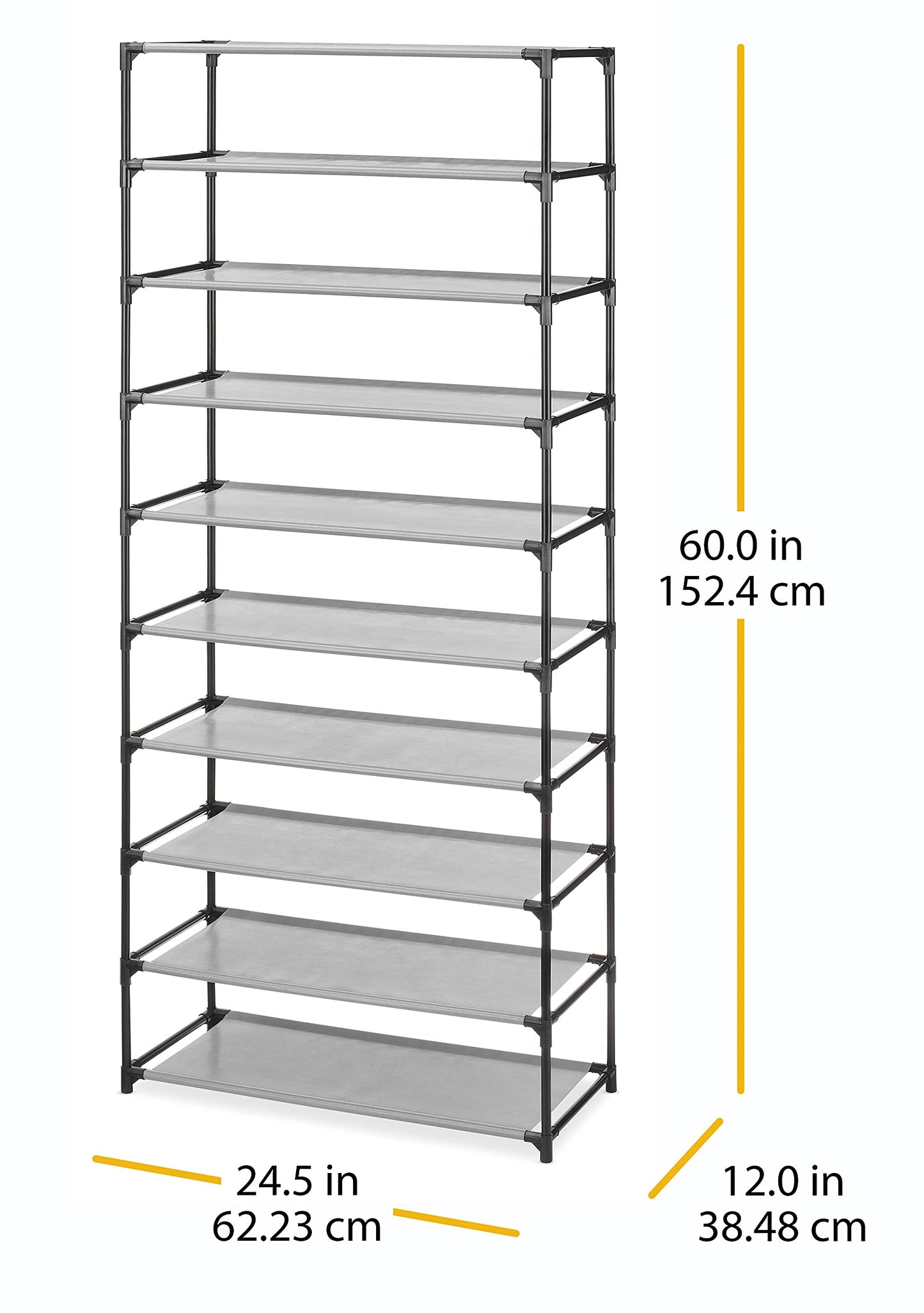 Whitmor Torre de Zapatos 10 Niveles, Negro y Gris, Cromo, 10 Estantes, 60 kg de Capacidad de Carga, para Ropa, Zapatos y Accesorios, Sin Montaje Requerido, Estantes Espaciales, Ligera, para Cochera