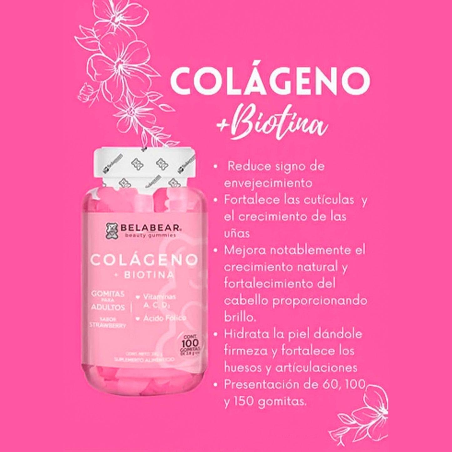 Gummisol Gomitas de Colágeno + Biotina Belabear 100 Gomitas Gomitas de Ácido Hialurónico Belabear 100 Gomitas Gomitas para Adultos Belabear Supelemento Alimenticio - 2 pack