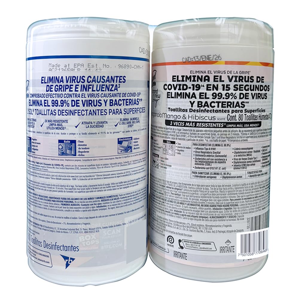Lysol Toallitas Desinfectantes, 2pack, Fragancia Citrus y Mango Hibiscus, 80 toallitas c/u.