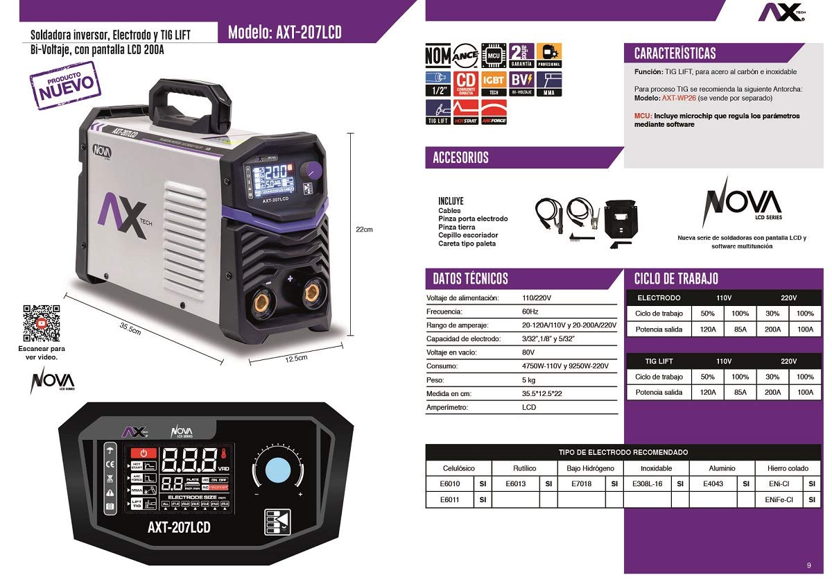 Ax Tech - Soldadora Inversora AXT-207LCD + Careta Electrónica 110/220 volts 200 amp (Careta puede variar)