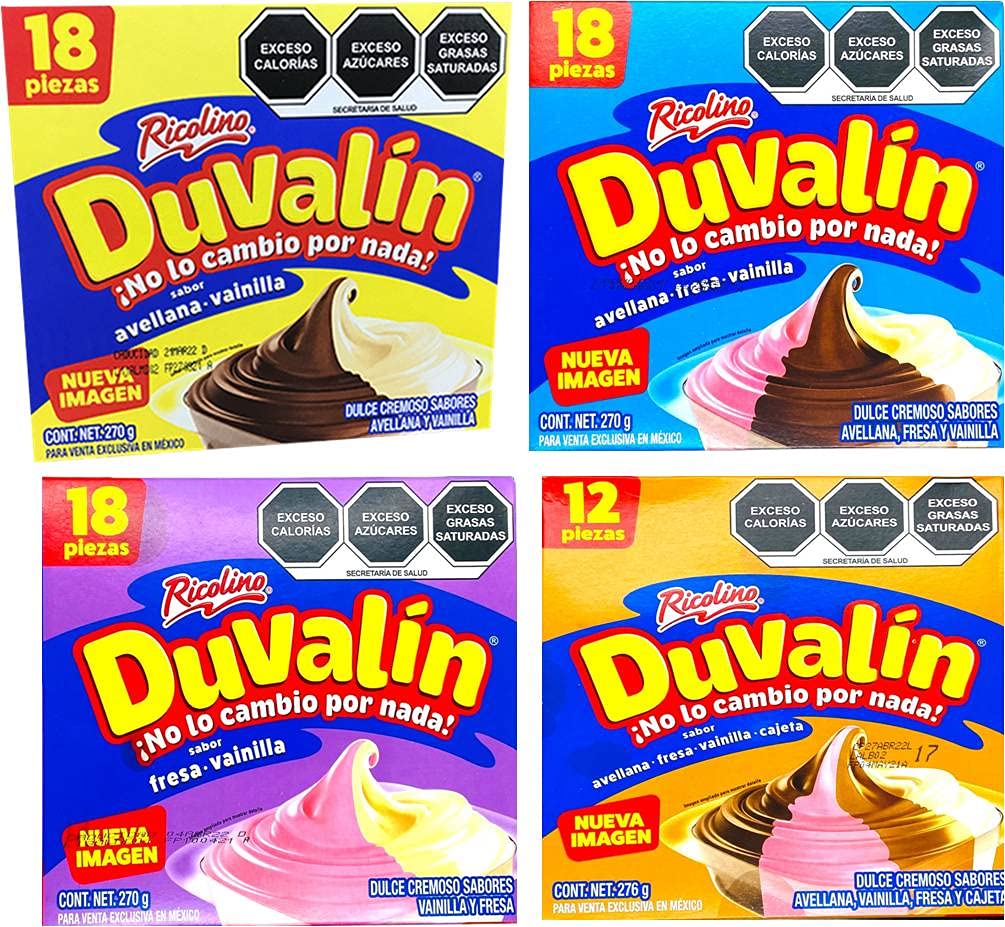 Surtido Duvalín, 4 Cajas De Sabores: 12 Duvalines Avellana, Fresa, Vainilla y Cajeta. 18 Duvalines Avellana y Vainilla, 18 Duvalines Avellan, Fresa y Vainilla, 18 Duvalines Fresa y Vainilla, Candy para Snack