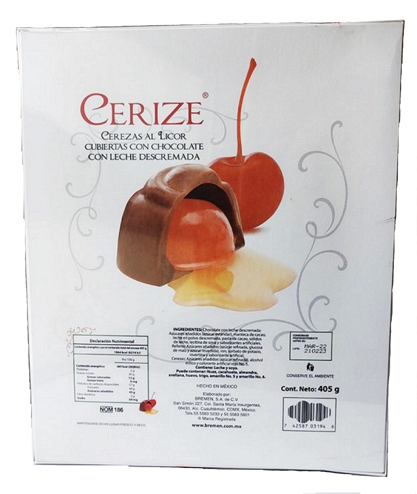Bremen - Cerezas al licor cubiertas con chocolate con leche descremada. Caja de 405 Gramos