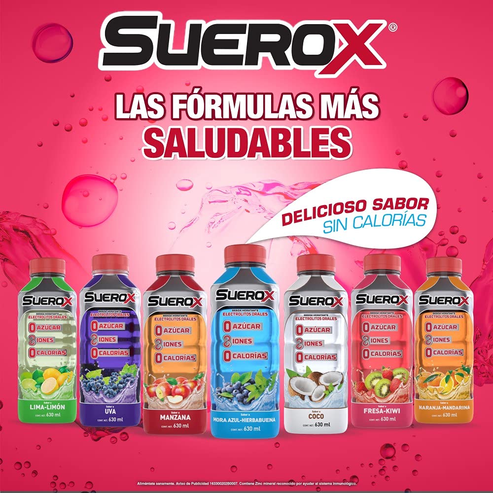 SUEROX 12 pack Hidratante con 8 Iones sabor Fresa Kiwi, Mora Azul, Manzana, Aloe Vera-Lychee, 630 ml c/u