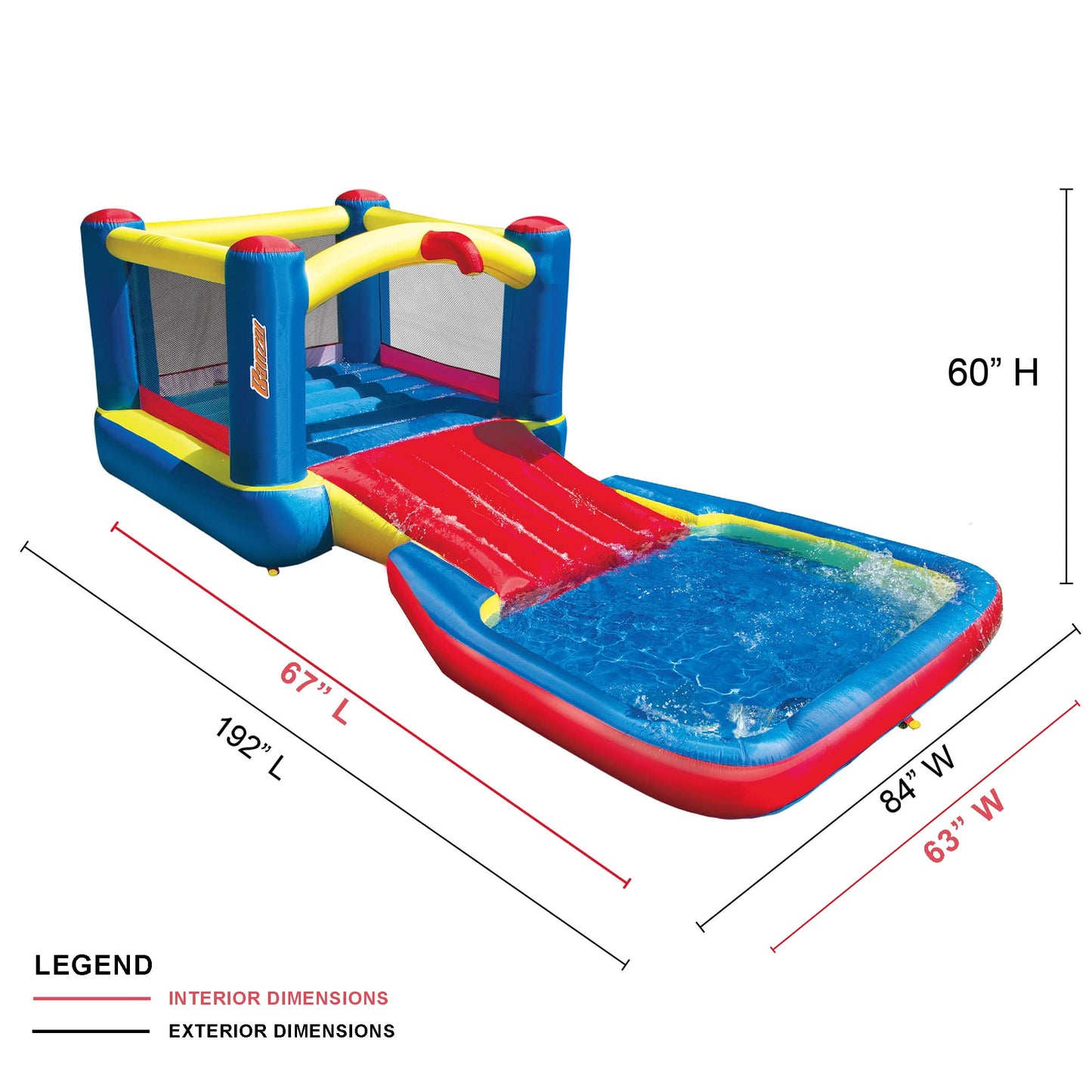 Banzai 35533 Bounce N Splash Water Park Centro de juego de actividades acuáticas con tobogán, estacas de puesta a tierra, bomba incluida y bolsa de almacenamiento portátil de viaje