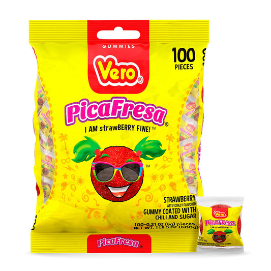 Vero Dulces Vero - Dulces Vero Pica Fresa - Gomitas con chile, dulces mexicanos, 100 unidades, 600 gramos (empaque puede variar)