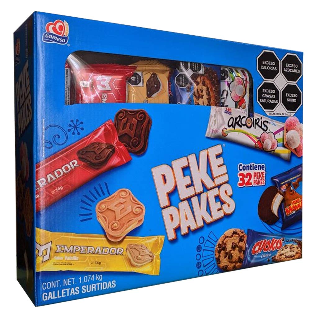 Pepsico Gamesa Pekepakes Galletas Surtidas. Emperador Chocolate, Emperador Vainilla, Chokis, Arcoiris, Mamut.- 32 Paquetes.