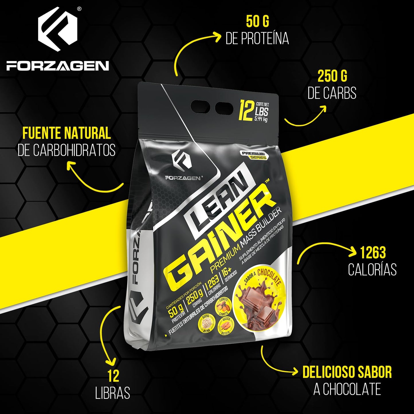 Forzagen | Ganador Lean Gainer | 50 g de Proteína | 250 g Carbs | 5.5 Servicios | Sabor Chocolate | Post Entenamiento | Carbs Naturales | 4lb (1.81 kg)