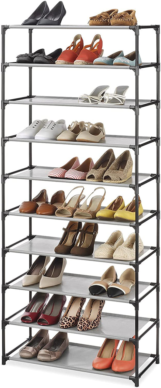 Whitmor Torre de Zapatos 10 Niveles, Negro y Gris, Cromo, 10 Estantes, 60 kg de Capacidad de Carga, para Ropa, Zapatos y Accesorios, Sin Montaje Requerido, Estantes Espaciales, Ligera, para Cochera