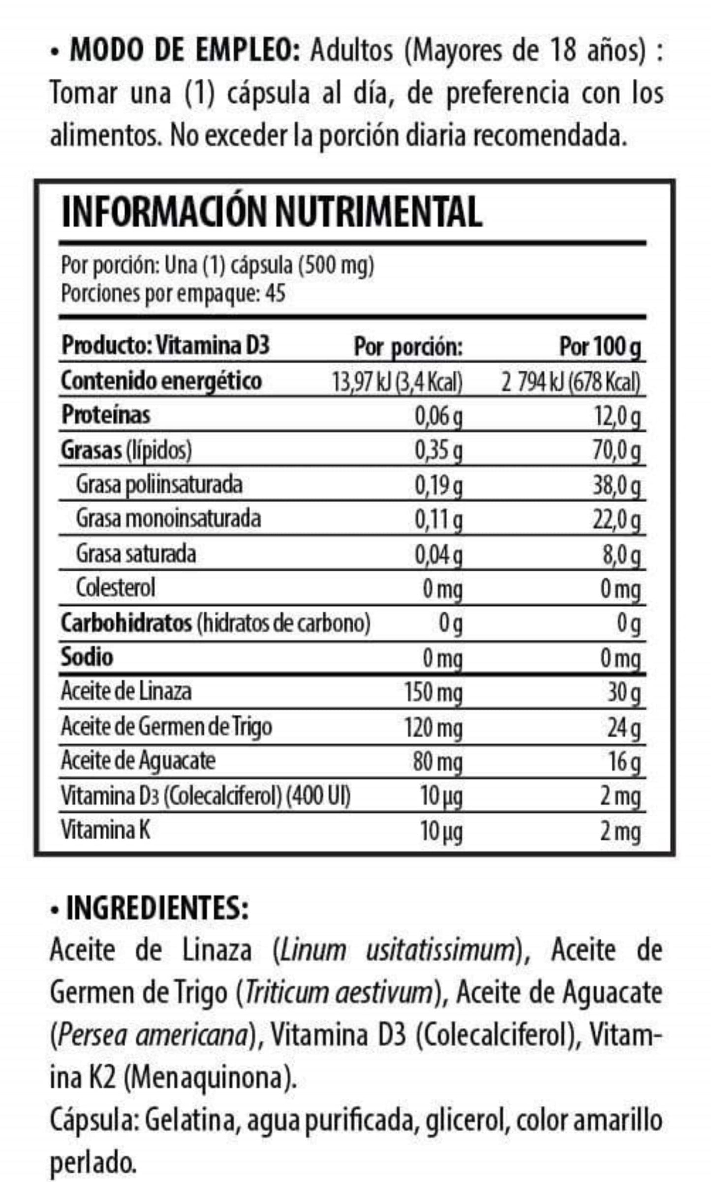 Vitamina D3 + Vitamina K2 45 Cápsulas by Solanum